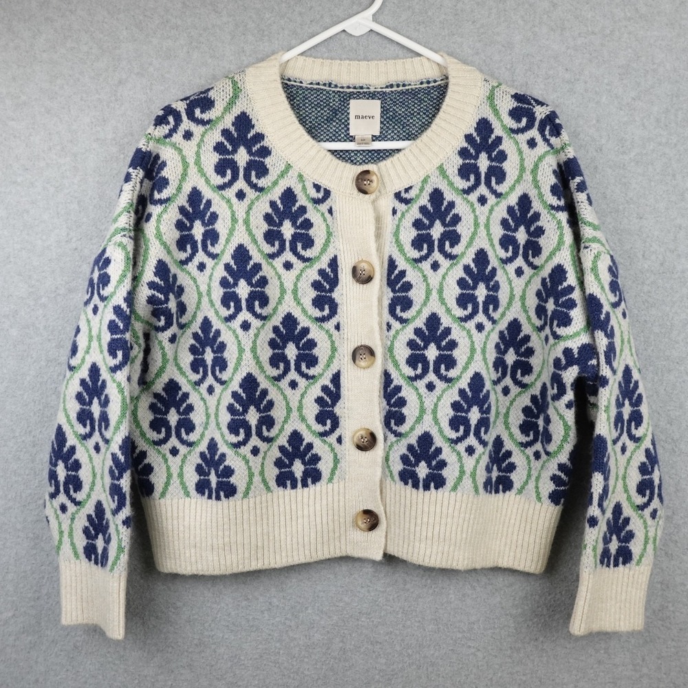 Anthropologie Maeve Cardigan Womens S Knit Floral Pop Graphic Intarsia Nordic - Picture 1 of 14